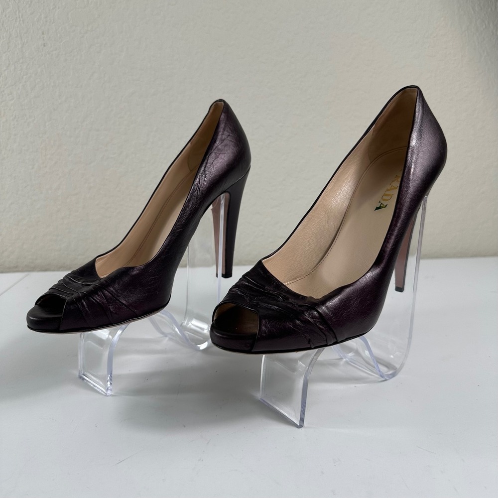 Vintage Prada Peep Toe Heels 37 Plum Purple Leather Stiletto Luxury Y2K Pump 90s